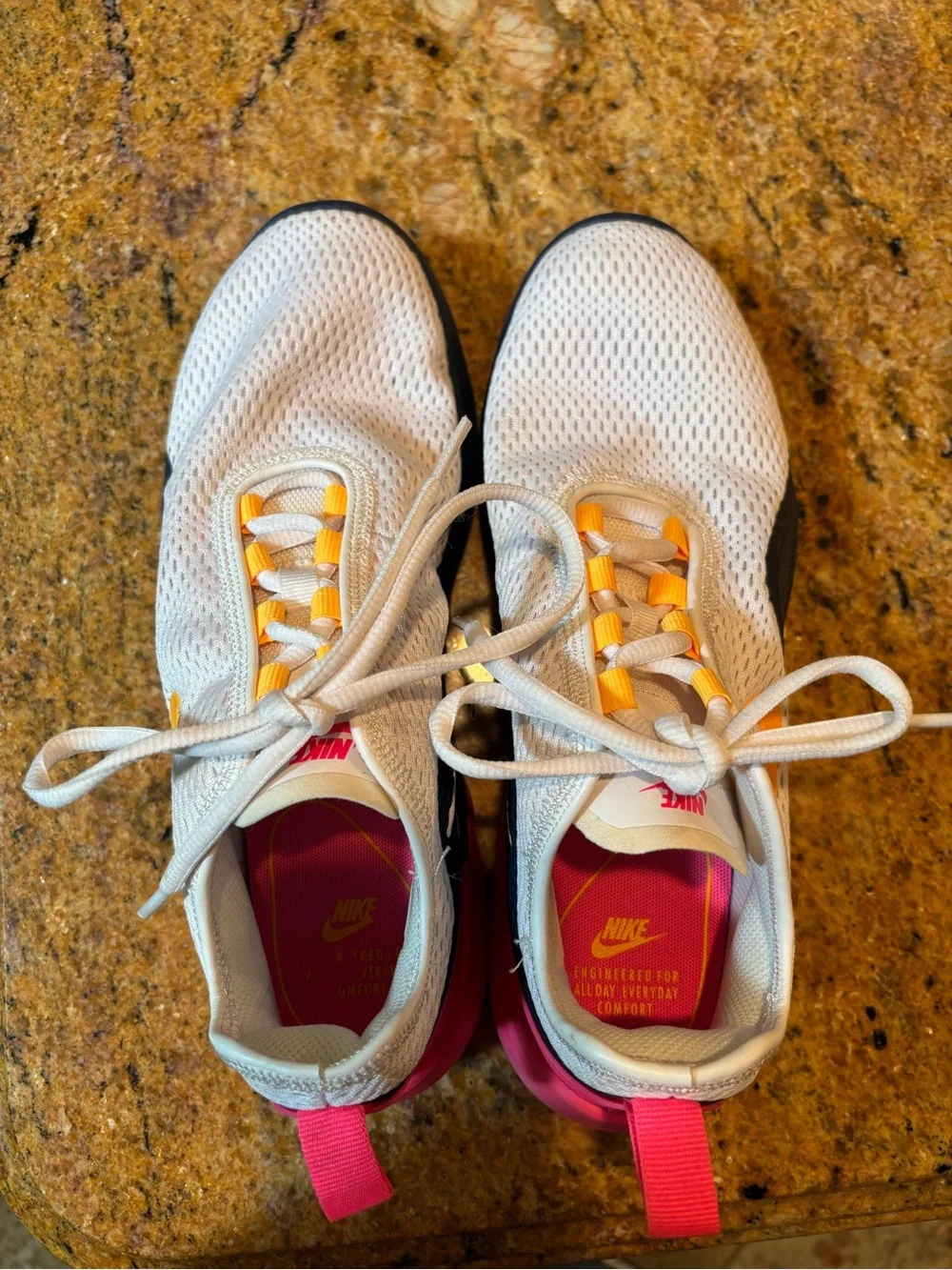 Nike White Mesh Sneakers with Pink Tabs & Yellow Lace Loops